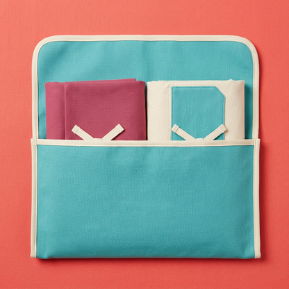 AI concept two folded envelopes partly inserted in open-top turquoise sleeve.