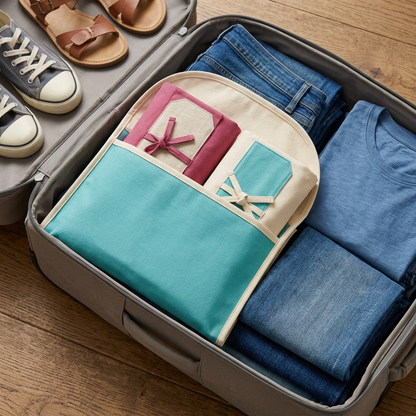 AI concept shoe-wrap set in illustrative travel luggage; shoes and clothing not included.