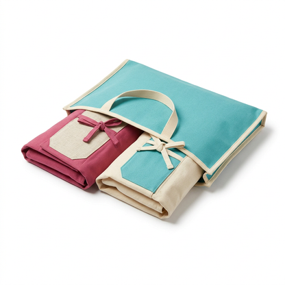 AI concept white-background two textile shoe envelopes and turquoise open-top sleeve.